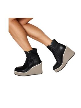 NAKED FEET Avail Black Leather Ankle Boots Inside Outside Zippers Wedge Size 9